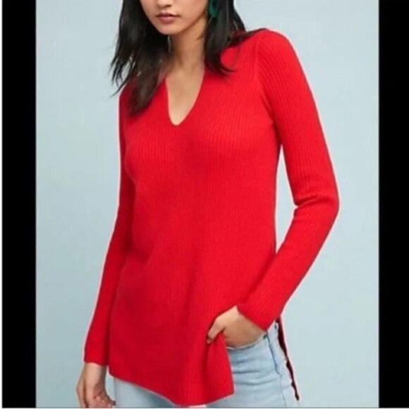 Anthropologie Ett Twa Red Ribbed Merino Wool Blend Sweater Size Large - Picture 1 of 5